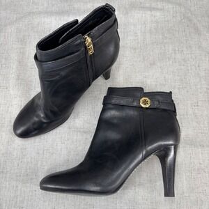 Tory Burch Brita Black Leather Ankle Booties High Heels Belted Women 10.5M‎